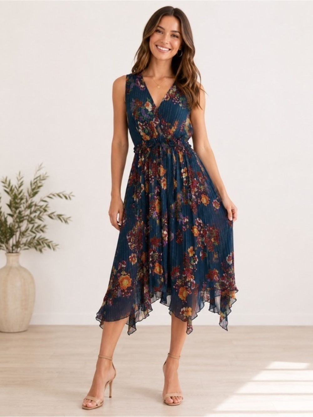 Walter Baker Sleeveless Navy Floral Handkerchief Hem Midi Dress size 6